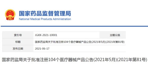 藥監總局2021年5月新批準醫療器械注冊產品104個